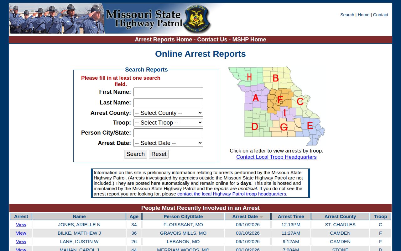 MSHP five-day arrest reports used for Lafayette County police blotter research