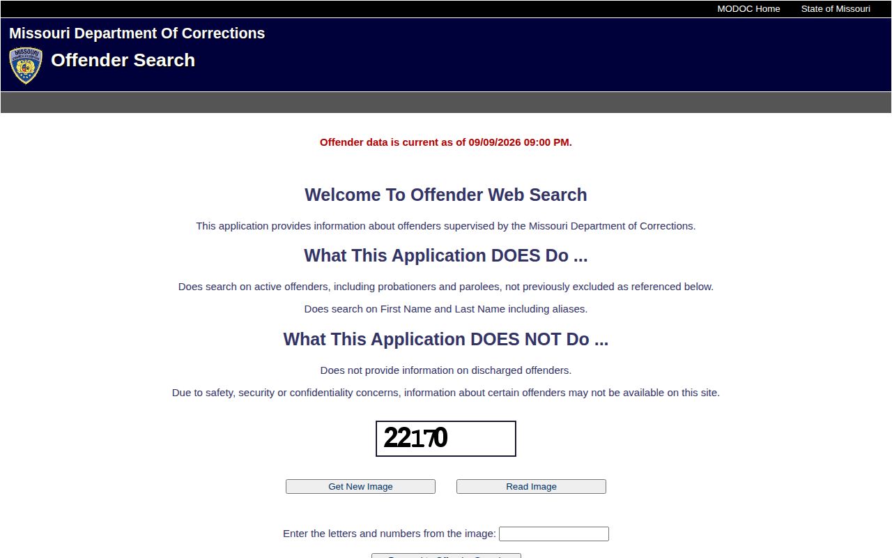 Missouri DOC official offender search interface