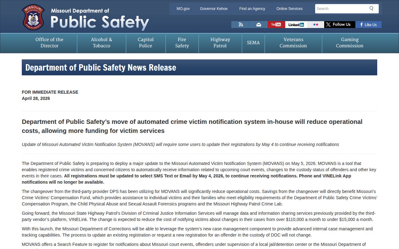 Missouri MOVANS update for Lafayette County VINELink custody checks