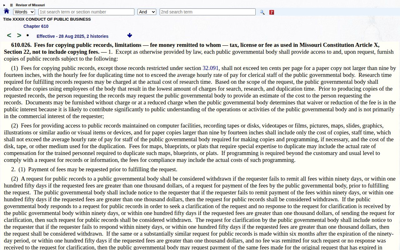 Missouri statute 610.026 official copying fee rules