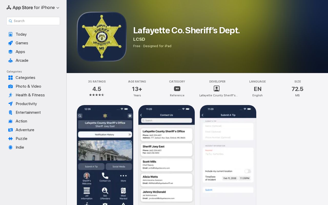 App Store listing for the Lafayette County Sheriff's app