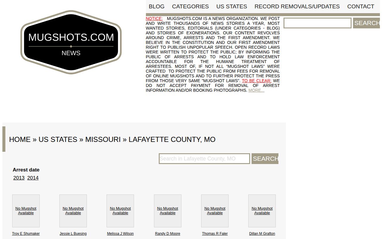Unofficial Lafayette County arrest archive source with staleness caveat